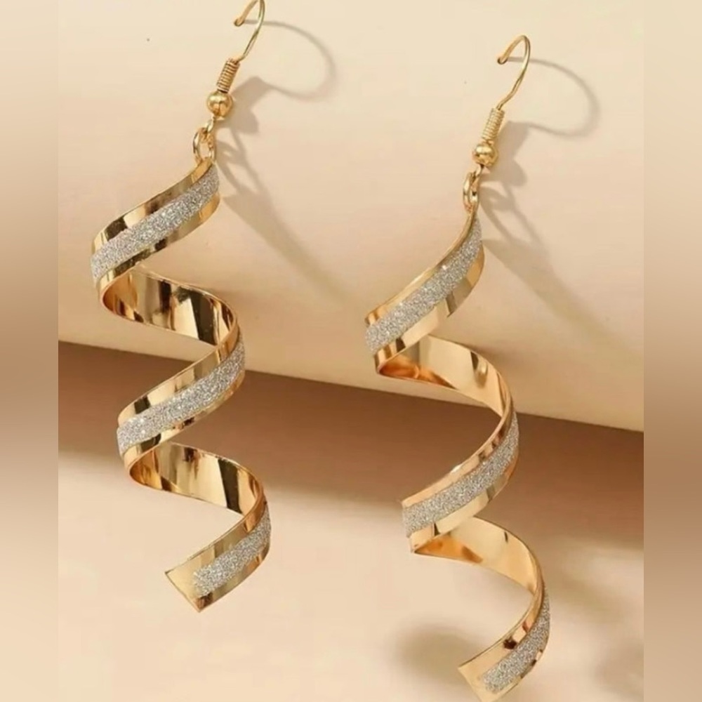 Elegant Gold-tone Spiral Dangle Earrings with Sequin Decor